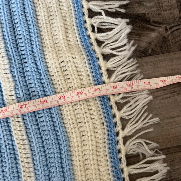 Handmade Vintage Crochet Nursery Crib Baby Blanket Blue Cream Striped Lines 80s - Picture 4 of 5